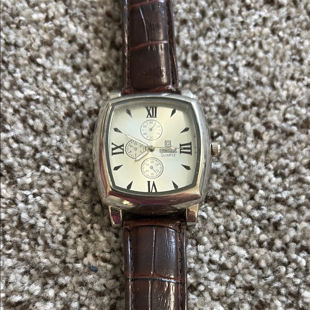 QBOS Stainless Steel Silver Dial Watch with Brown Leather Strap - Limited Ed